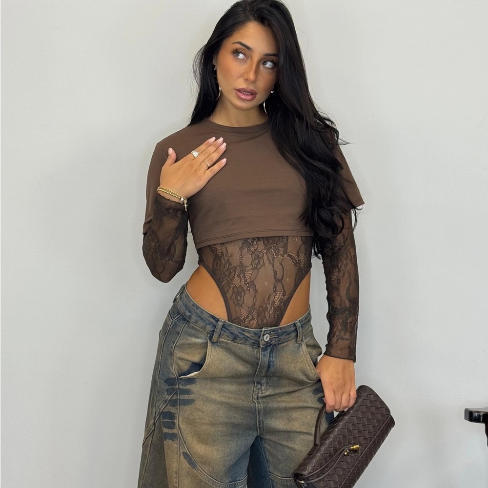Lace Long Sleeve Bodysuit with Crop Top - Picture 5 of 15